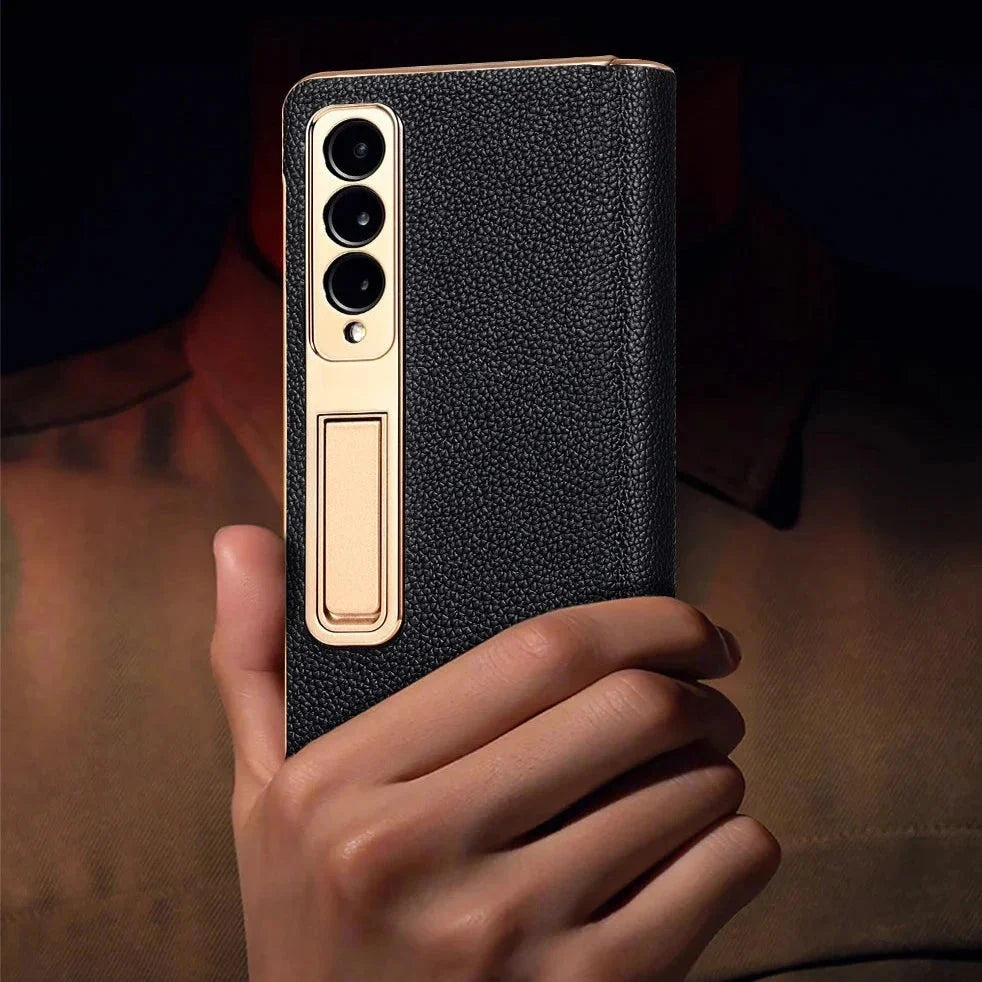 Etui z prawdziwej skóry do Galaxy Z Fold 3/4/5/6/7/8 — podstawka/pętla na palec