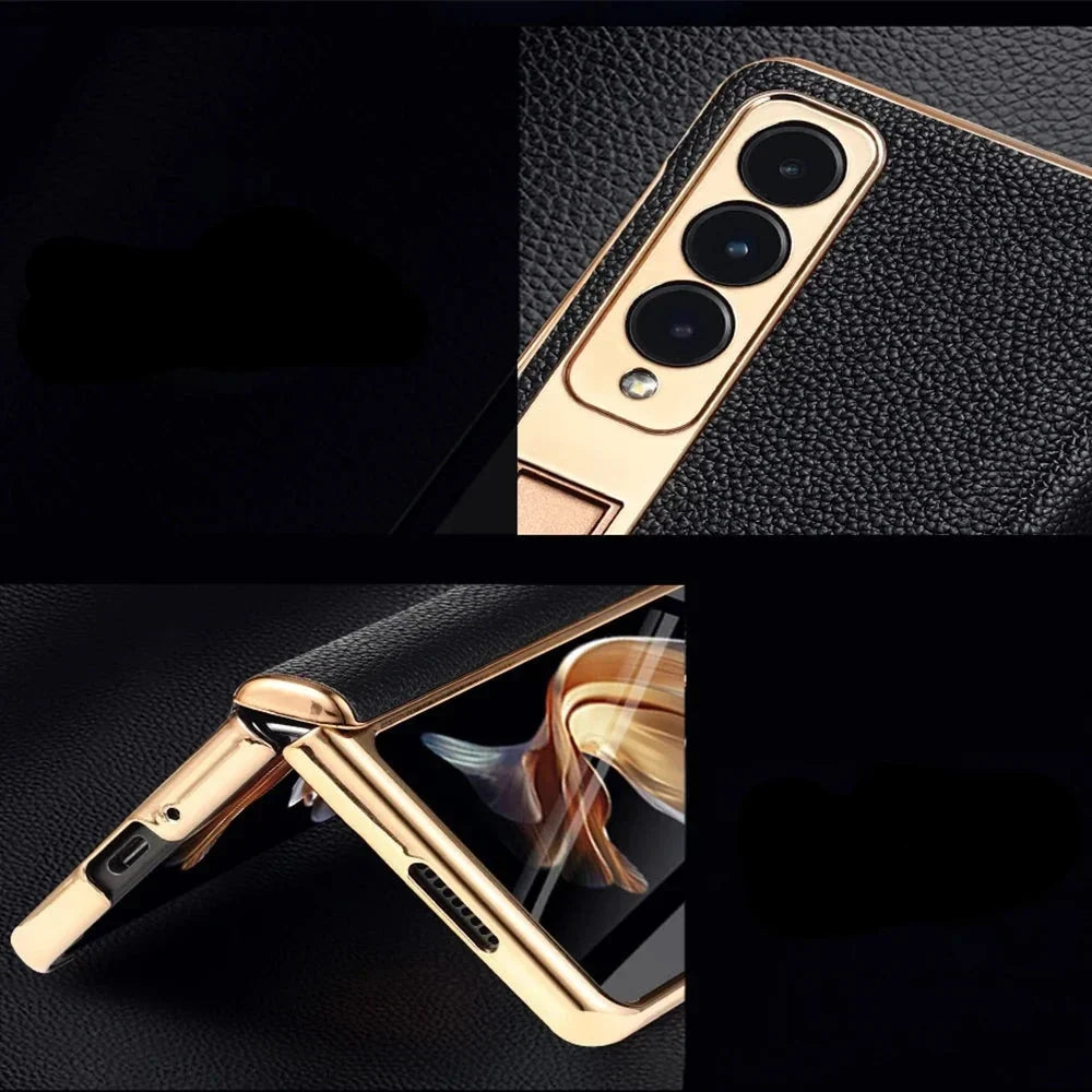 Etui z prawdziwej skóry do Galaxy Z Fold 3/4/5/6/7/8 — podstawka/pętla na palec