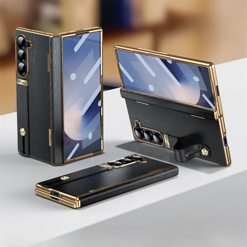 Etui z prawdziwej skóry do Galaxy Z Fold 3/4/5/6/7/8 — podstawka/pętla na palec