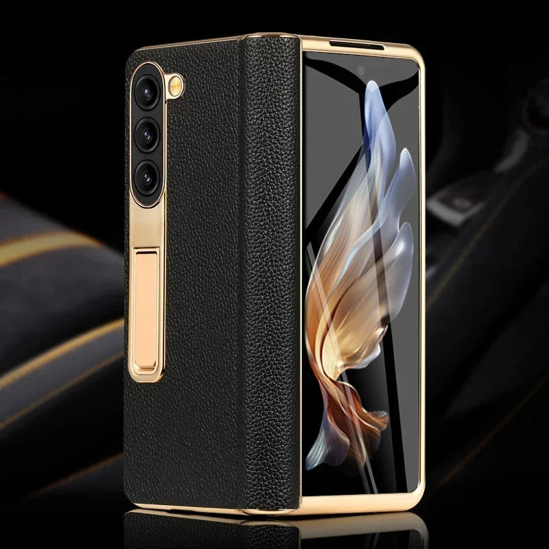 Etui z prawdziwej skóry do Galaxy Z Fold 3/4/5/6/7/8 — podstawka/pętla na palec