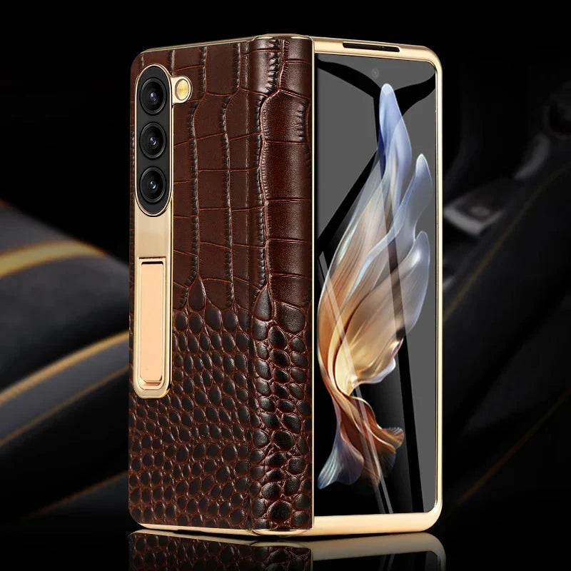 Etui z prawdziwej skóry do Galaxy Z Fold 3/4/5/6/7/8 — podstawka/pętla na palec