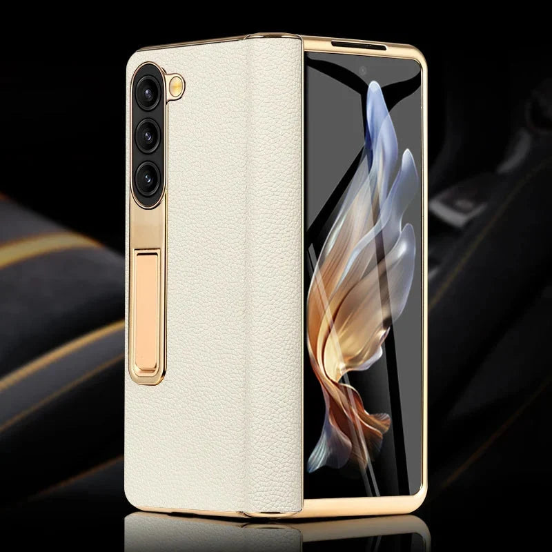 Etui z prawdziwej skóry do Galaxy Z Fold 3/4/5/6/7/8 — podstawka/pętla na palec