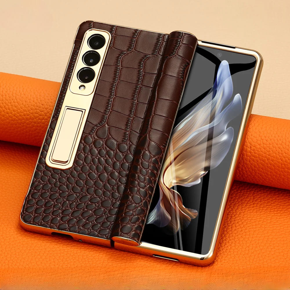 Etui z prawdziwej skóry do Galaxy Z Fold 3/4/5/6/7/8 — podstawka/pętla na palec