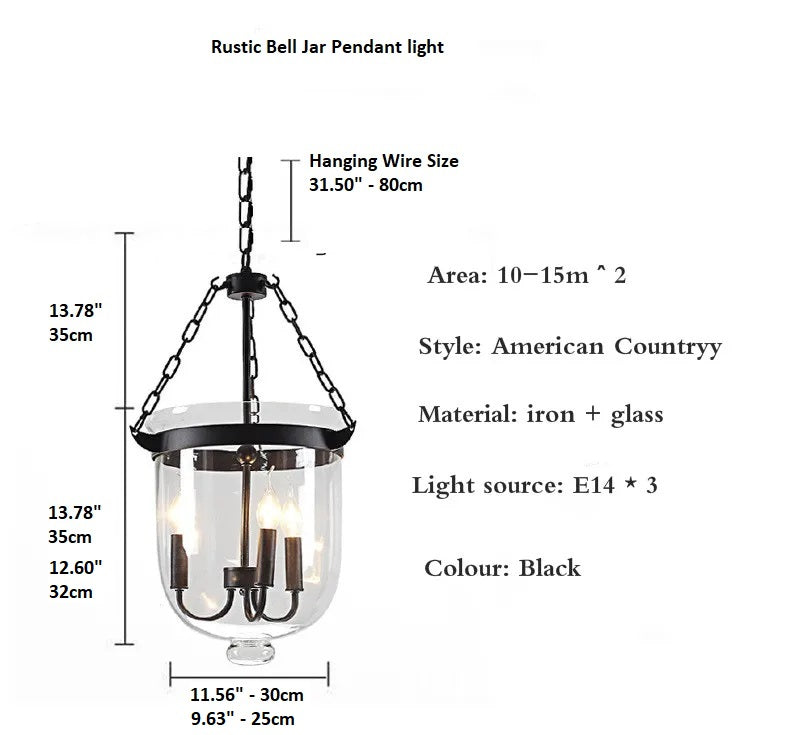 Rustic Bell Jar Pendant Light — Adjustable Height, Direct Downlight