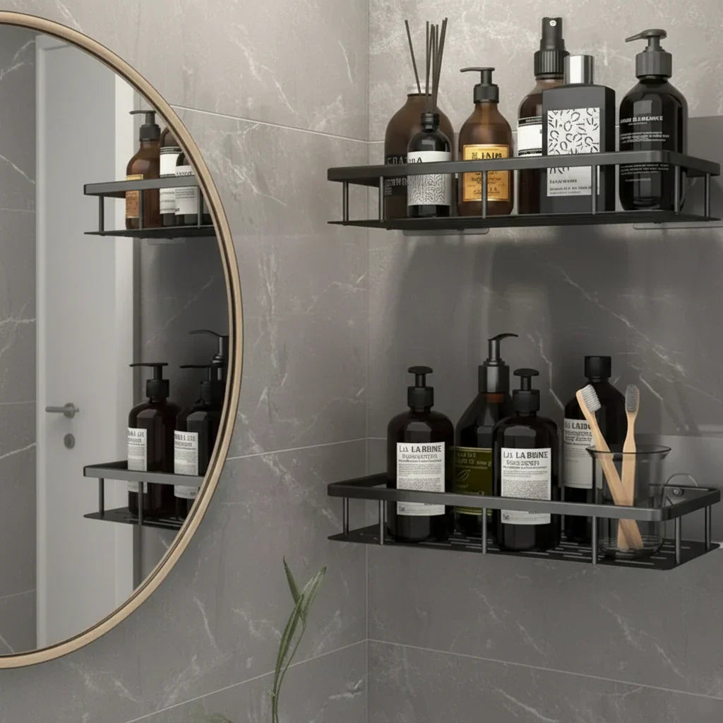 Selvklæbende brusehylde til væg og hjørne — Opbevaringshylde til badeværelse, toilet og håndvask, vandtæt og uden boring — ABS og stål i sort eller S