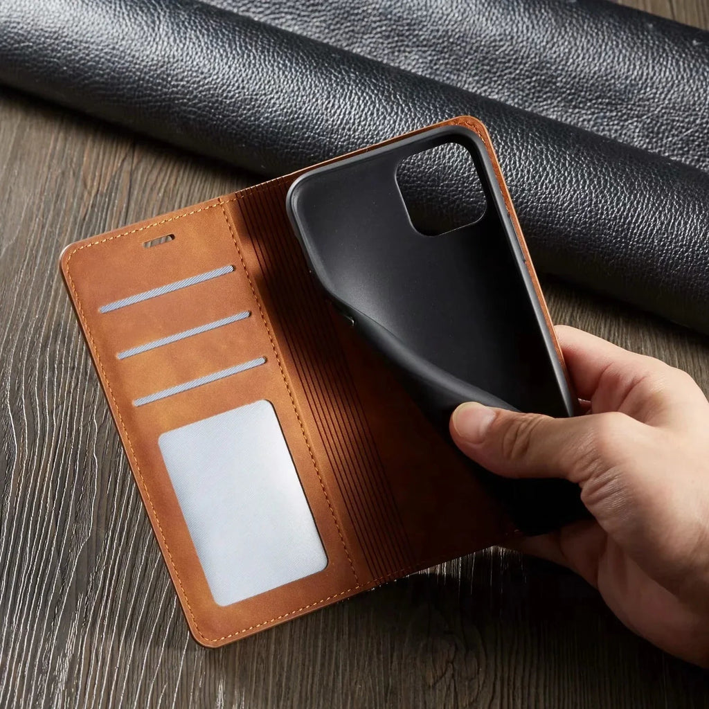 Skórzane etui folio z magnetycznym zamknięciem do iPhone’a — zatrzask na całej powierzchni