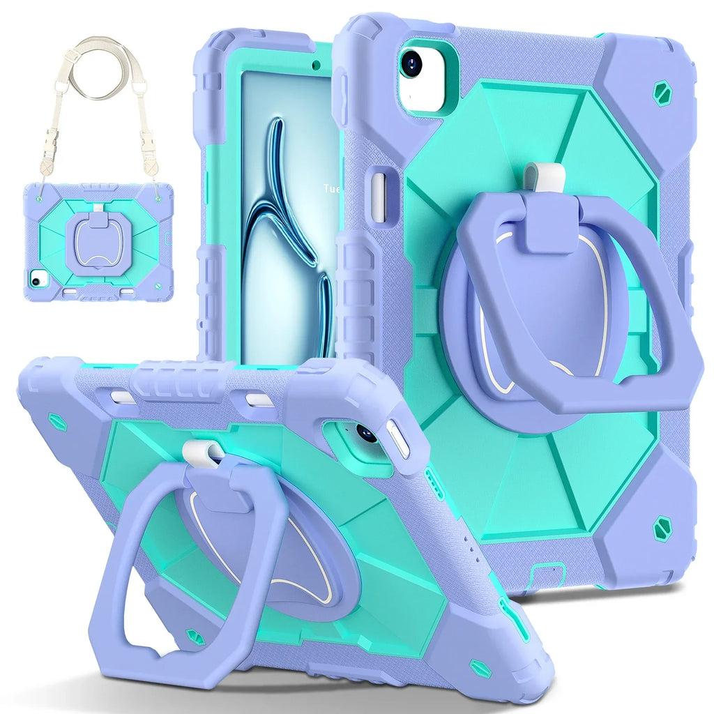 Étui iPad triple couche — prise à 360°, béquille, sangle, verre trempé
