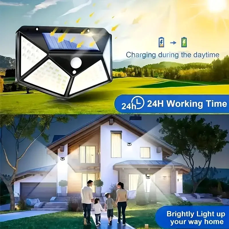 Napelemes, mozgásérzékelős biztonsági fali lámpa — 100 LED-es kültéri lámpa