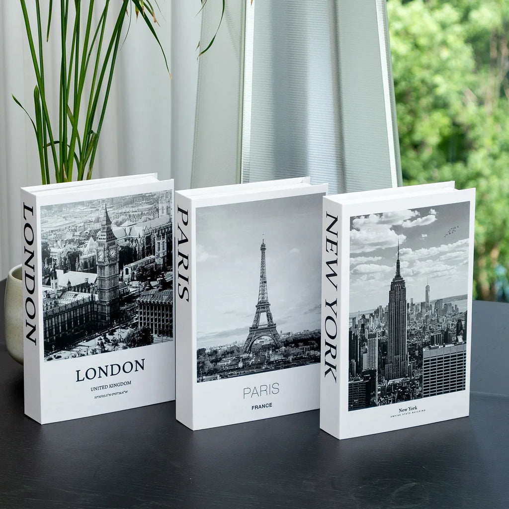 3-Piece Hollow Cardboard Book Stack Display Set — Shelf Decor