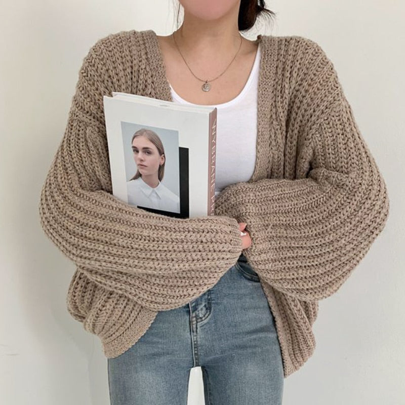 Women's Oversized Chunky Knit Cardigan — Open Front, Balloon Sleeves