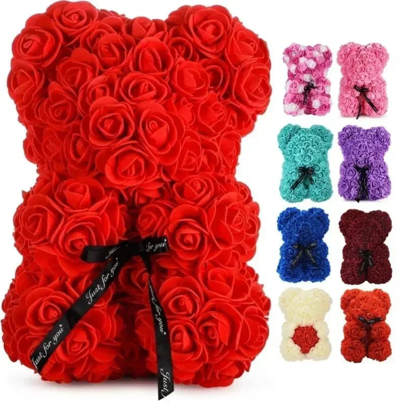 Urso de peluche com rosa eterna artesanal Everrose, 25 cm