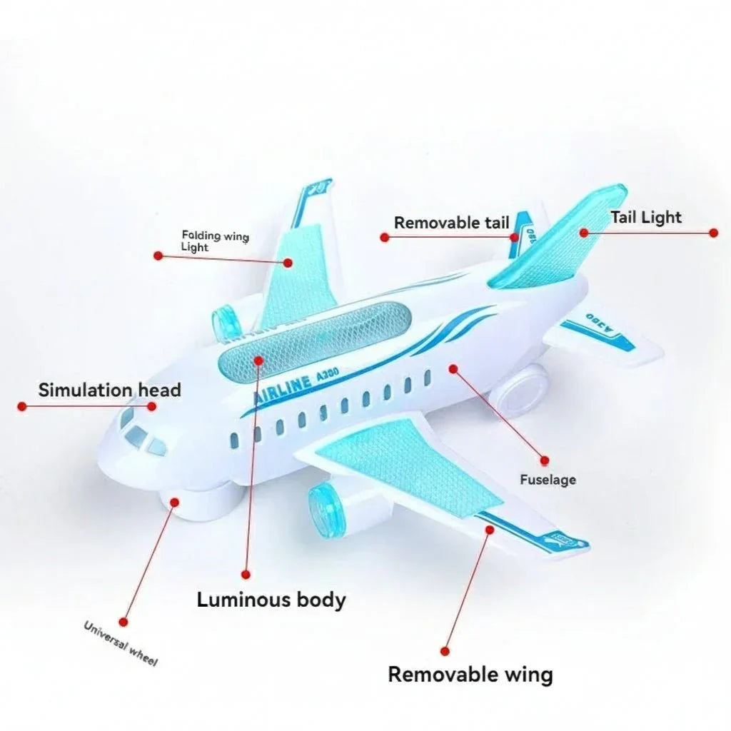 AeroPulse LED電動おもちゃ飛行機 — 360度回転、自動稼働、音楽内蔵