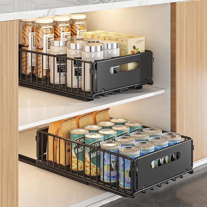 引き出し式キャビネット収納ラック スチール製スライドラック 奥行き15 in スパイス瓶用パントリートレー キッチン収納 ブラック