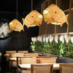 Aurora Nordic Bamboo Pendant Light – Handmade Fish Art LED Hanging Lamp