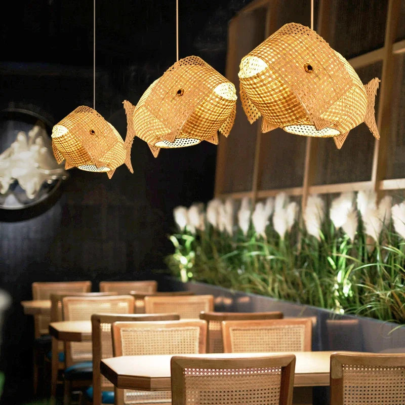 Aurora Nordic Bamboo Pendant Light – Handmade Fish Art LED Hanging Lamp