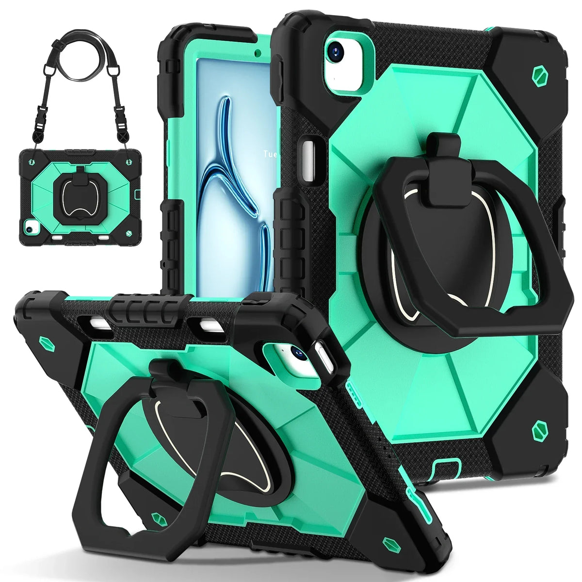 Étui iPad triple couche — prise à 360°, béquille, sangle, verre trempé
