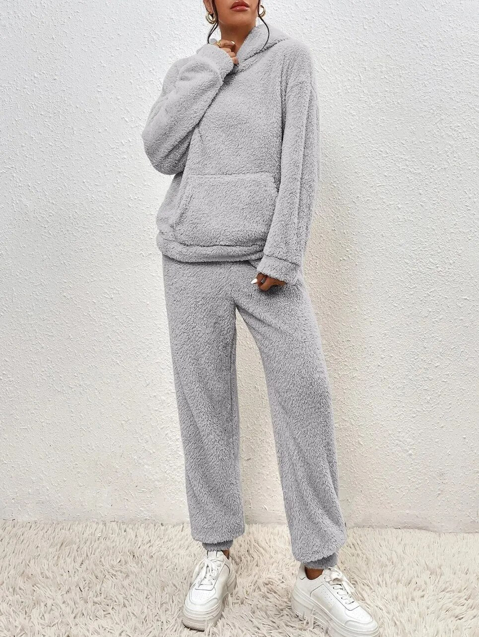 Teddyfleece-set voor dames met capuchon - oversized joggingpak, zakken