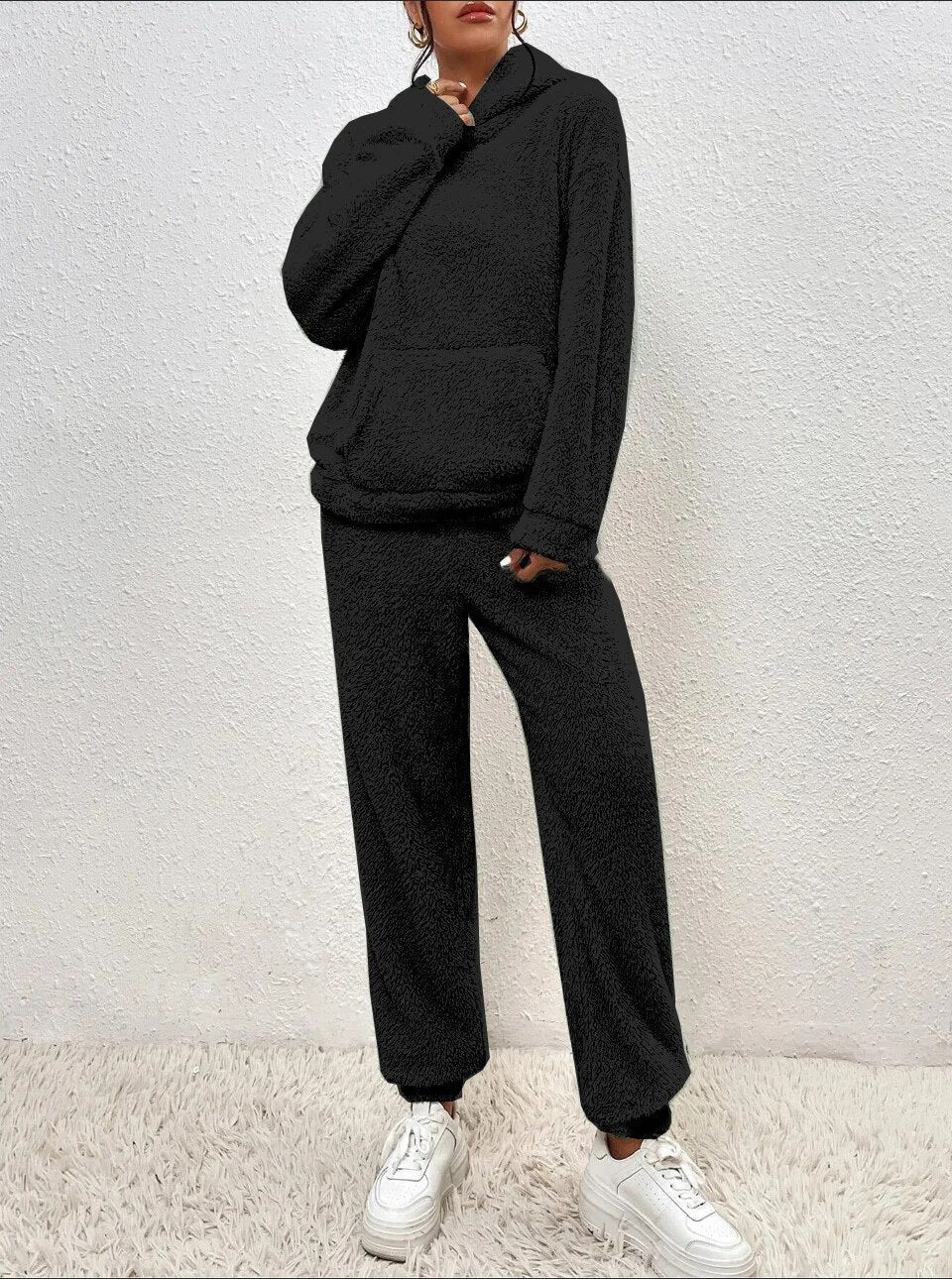 Teddyfleece-set voor dames met capuchon - oversized joggingpak, zakken