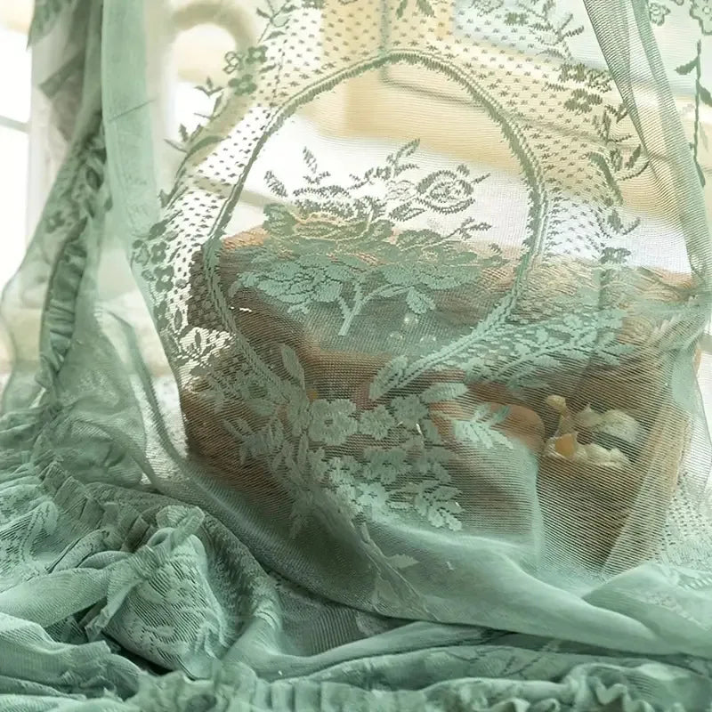 French Retro Green Ruffled Lace Sheer Tulle Curtains for Girls Room & Living Room - Euroselle
