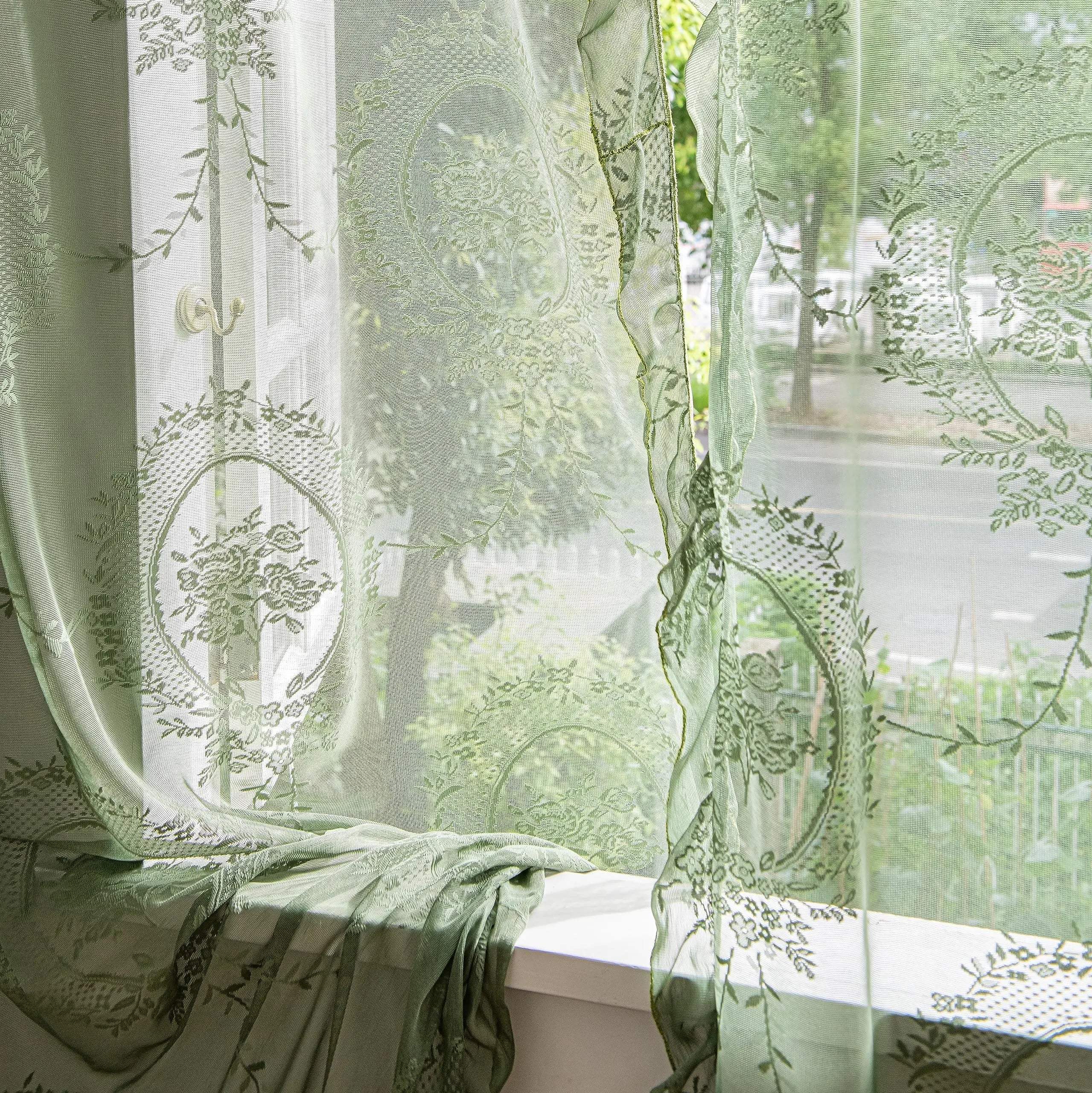 French Retro Green Ruffled Lace Sheer Tulle Curtains for Girls Room & Living Room - Euroselle