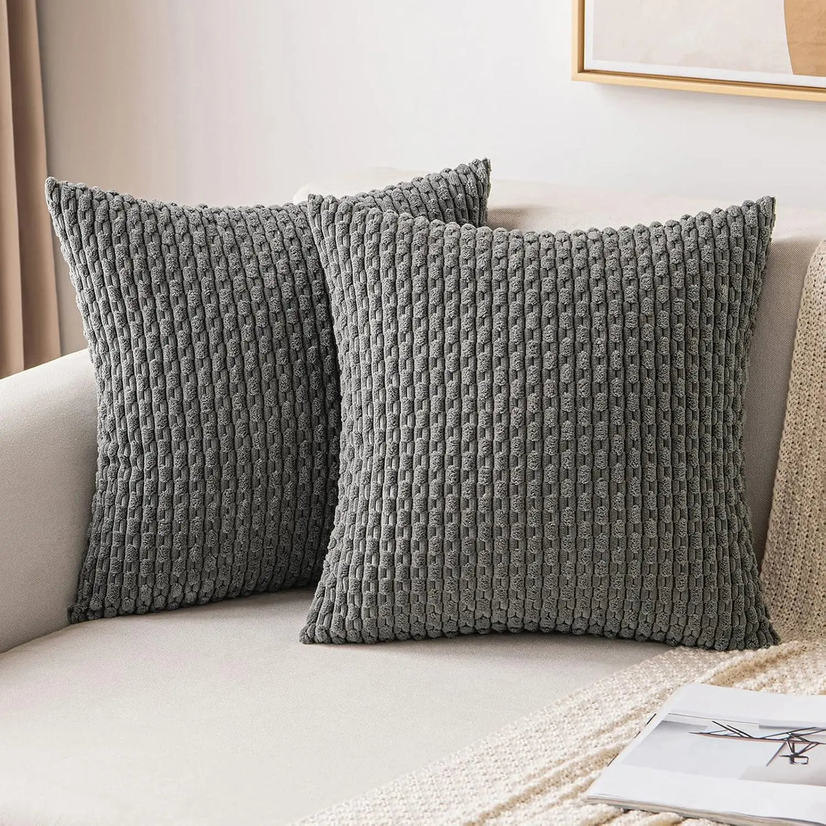 Ribbed Textured Throw Pillow Cover, 18×18 Inch Polyester Cotton Blend