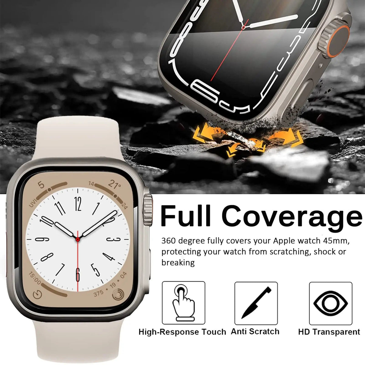 Herdet glassdeksel til Apple Watch Series 7/8/SE, dekning på 40–45 mm