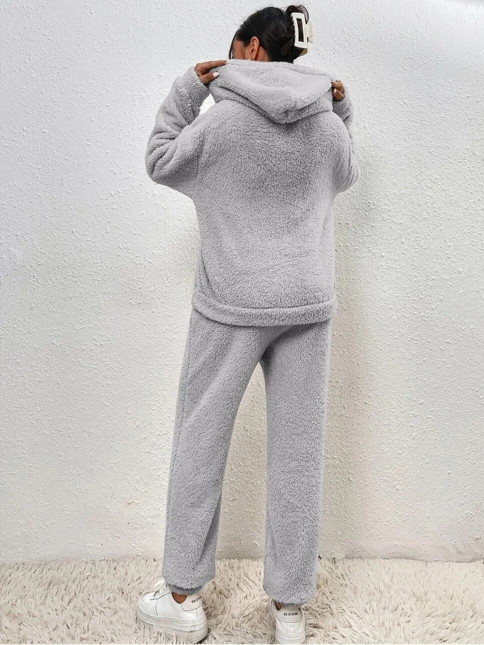 Teddyfleece-set voor dames met capuchon - oversized joggingpak, zakken
