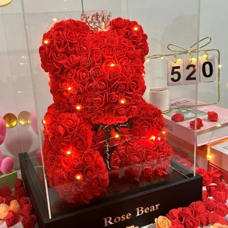 Urso de peluche com rosa eterna artesanal Everrose, 25 cm