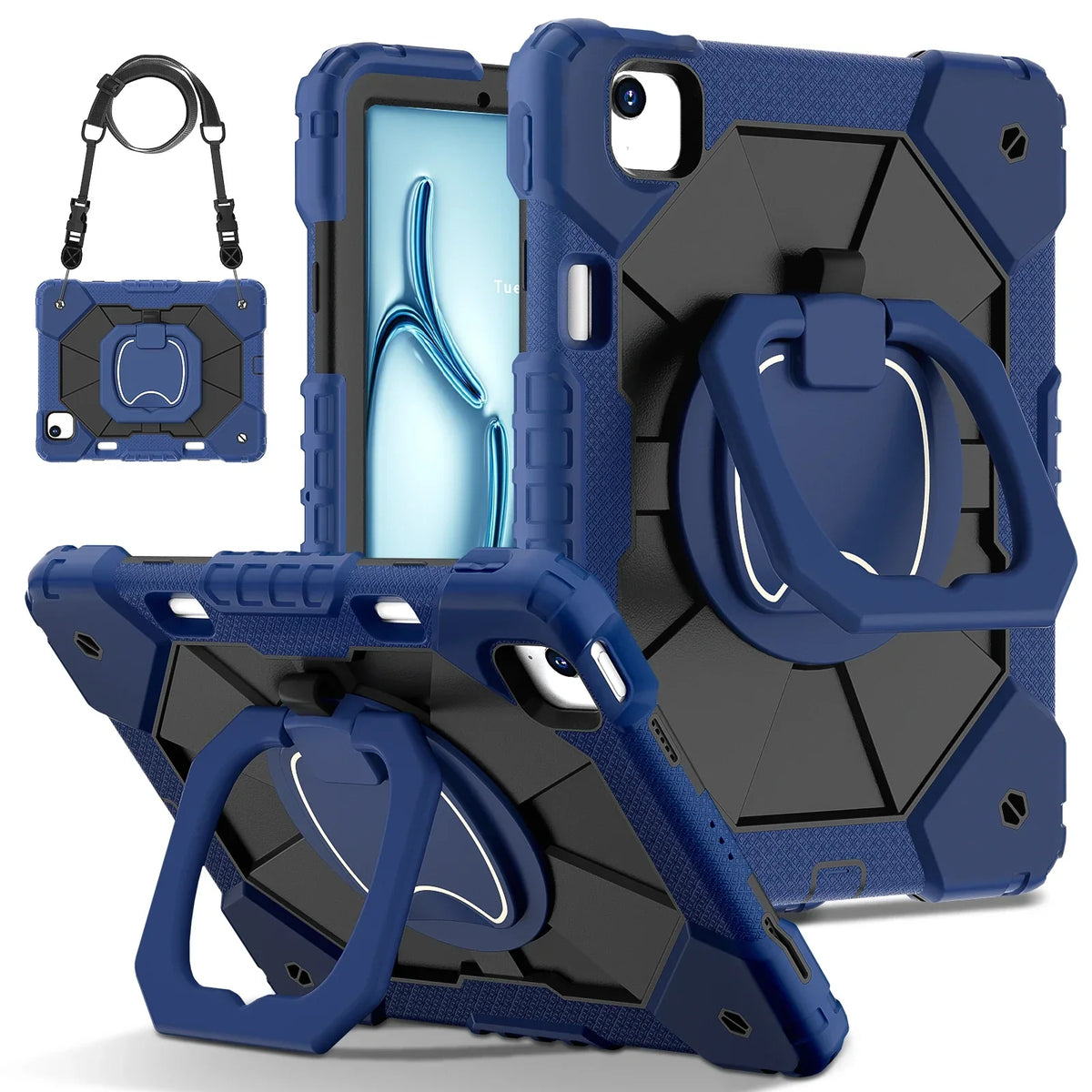Étui iPad triple couche — prise à 360°, béquille, sangle, verre trempé