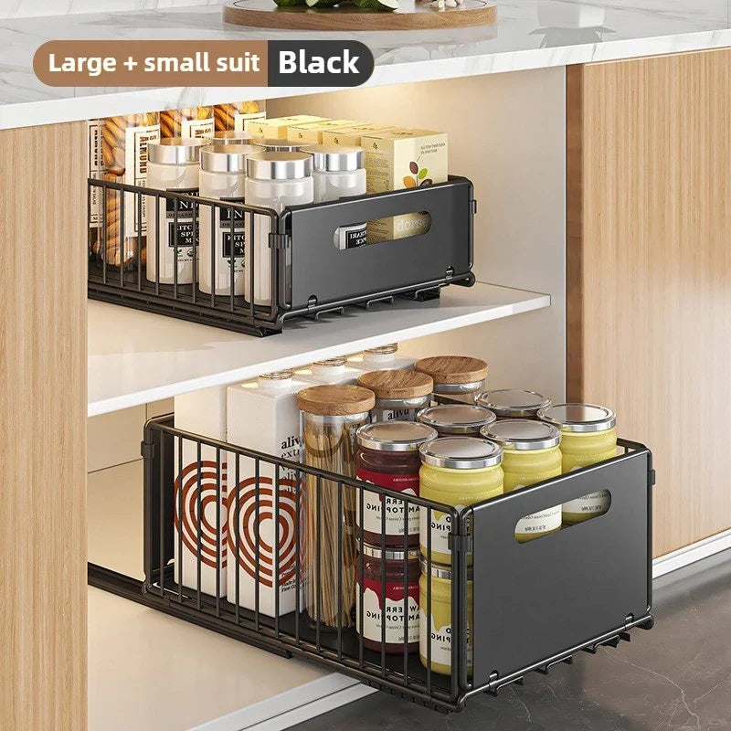 引き出し式キャビネット収納ラック スチール製スライドラック 奥行き15 in スパイス瓶用パントリートレー キッチン収納 ブラック