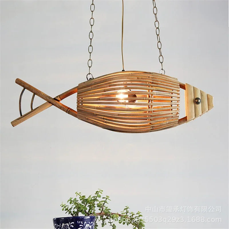 Aurora Nordic Bamboo Pendant Light – Handmade Fish Art LED Hanging Lamp