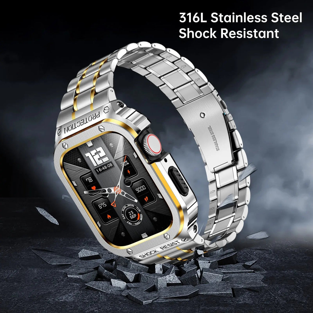 Metallarmband & stötskydd till Apple Watch 44/45mm — svart silver guld