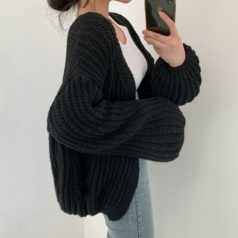 Women's Oversized Chunky Knit Cardigan — Open Front, Balloon Sleeves