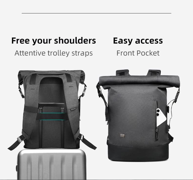 CityTrail roll-top-rygsæk til dagsture, 20-35 L udvidelig kapacitet, USB-port, 0.9 kg