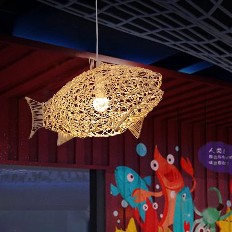 Aurora Nordic Bamboo Pendant Light – Handmade Fish Art LED Hanging Lamp