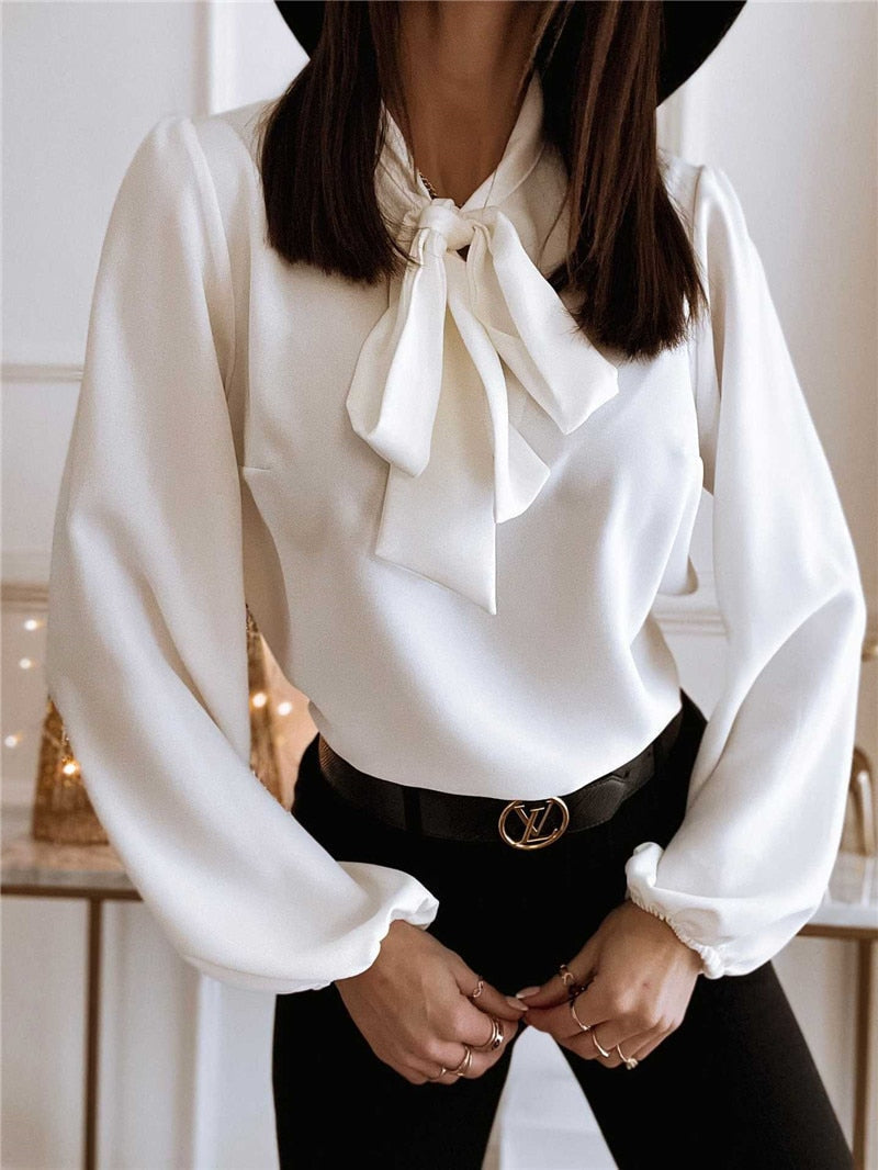 Bluse med sløyfe til dame - elegant skjorte med lange ermer og knapper