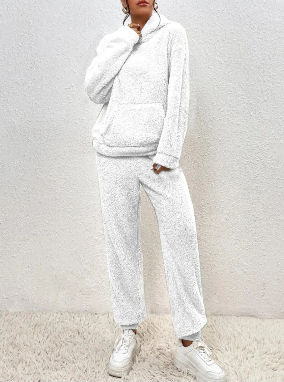 Teddyfleece-set voor dames met capuchon - oversized joggingpak, zakken