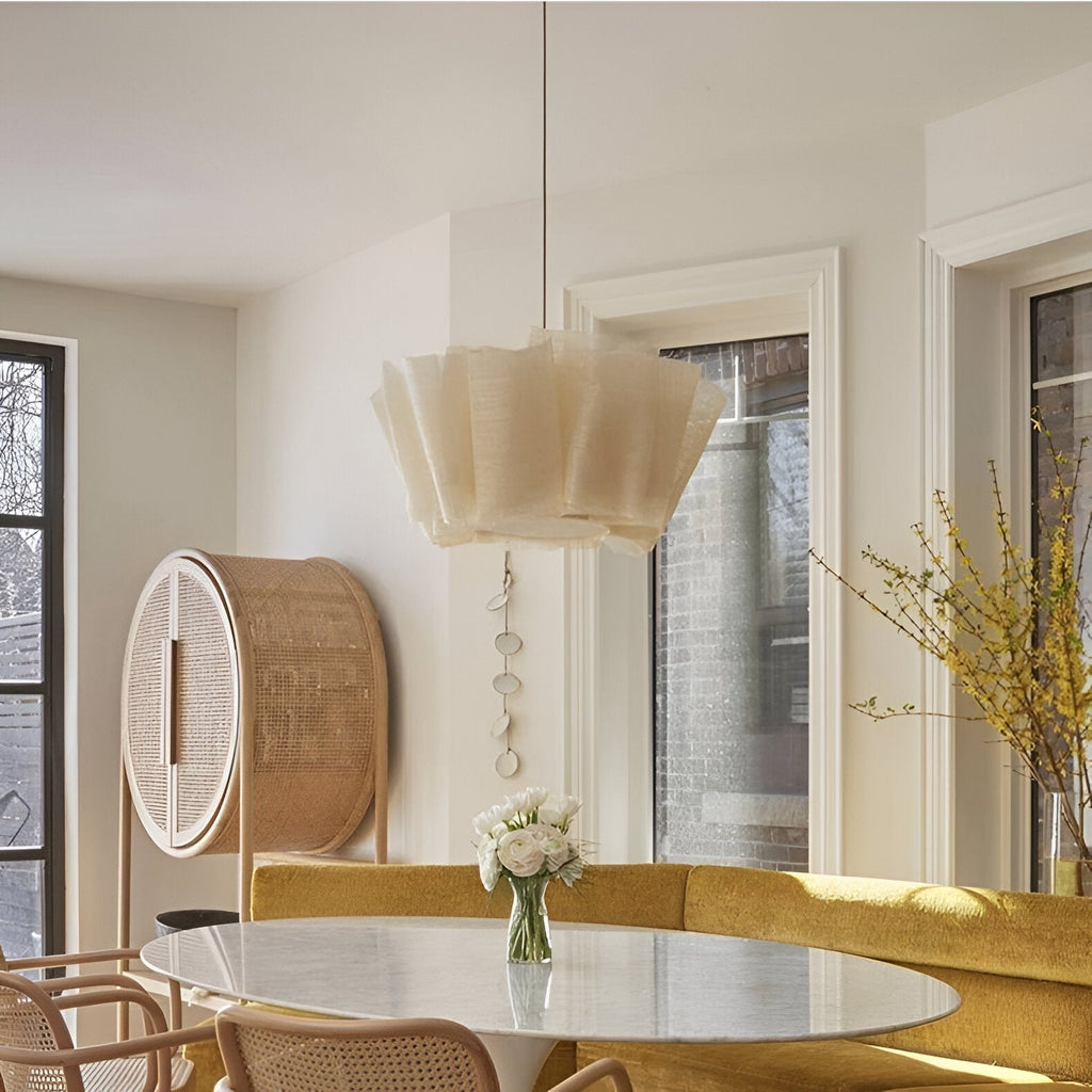 16 in Warm Cream Pleated Fabric Shade Hanging Ceiling Lamp
