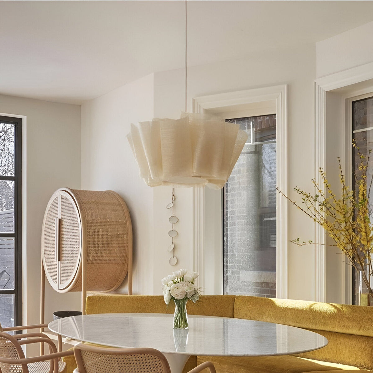 16 in Warm Cream Pleated Fabric Shade Hanging Ceiling Lamp