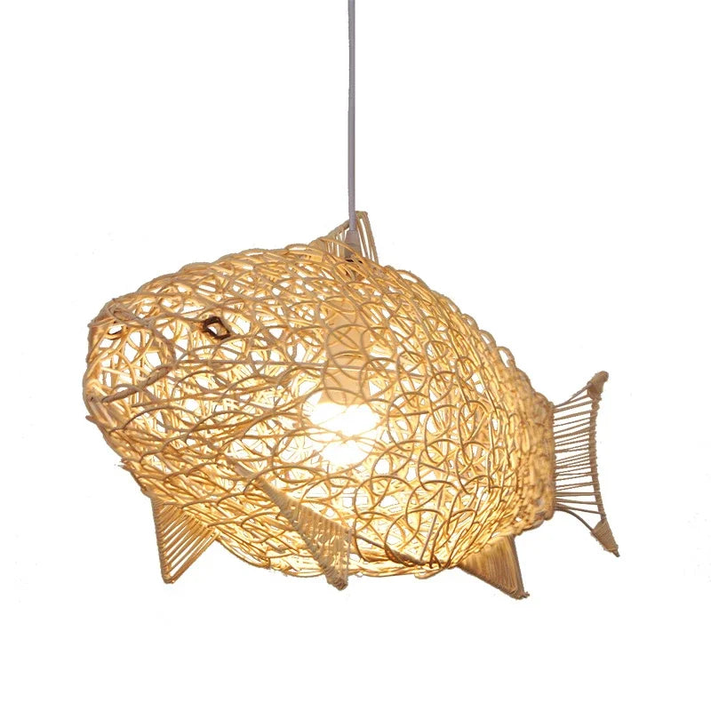 Aurora Nordic Bamboo Pendant Light – Handmade Fish Art LED Hanging Lamp