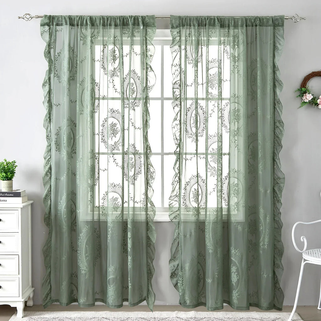 French Retro Green Ruffled Lace Sheer Tulle Curtains for Girls Room & Living Room - Euroselle
