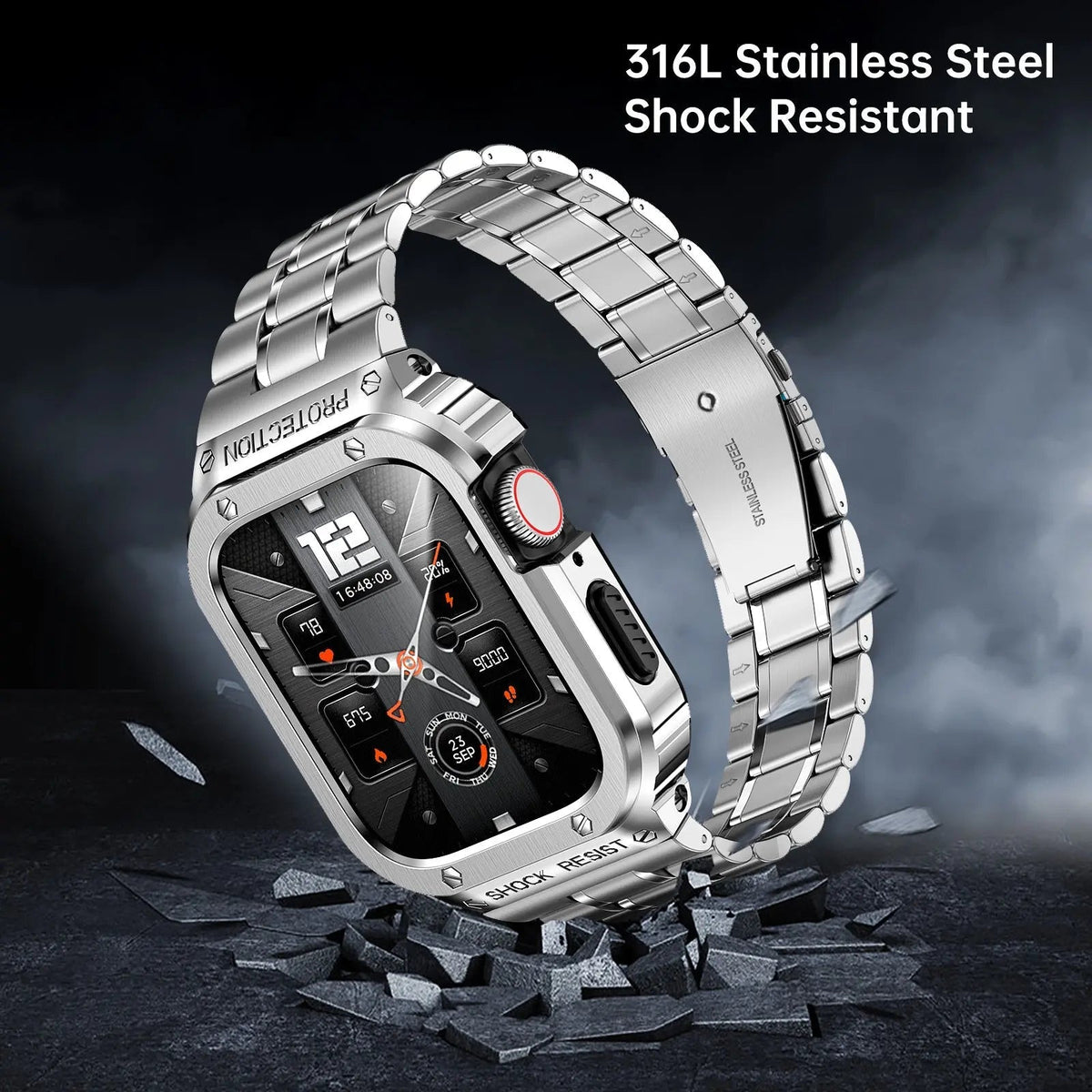 Metallarmband & stötskydd till Apple Watch 44/45mm — svart silver guld