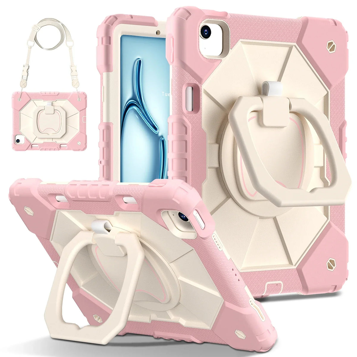 Étui iPad triple couche — prise à 360°, béquille, sangle, verre trempé