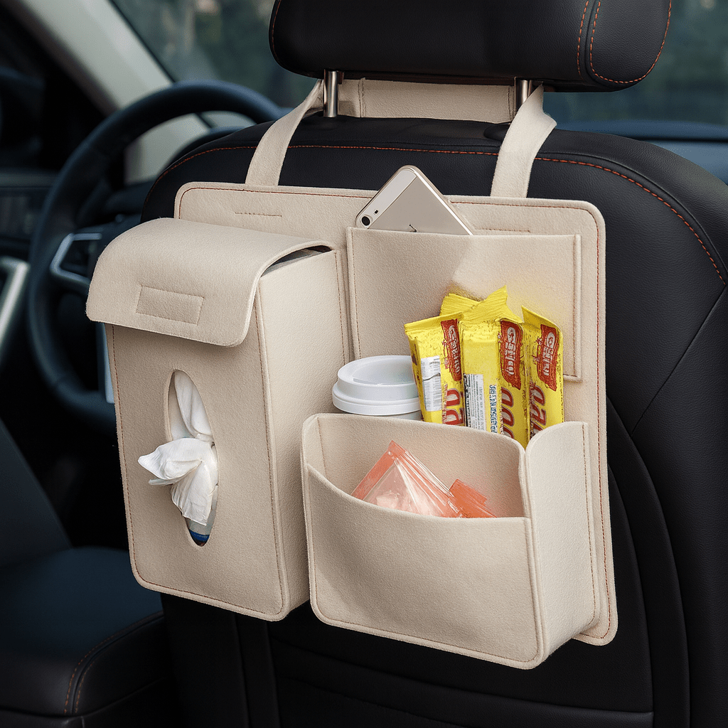 DriveEase auto-organizer met vier vakken, universele compatibiliteit met hoofdsteunen
