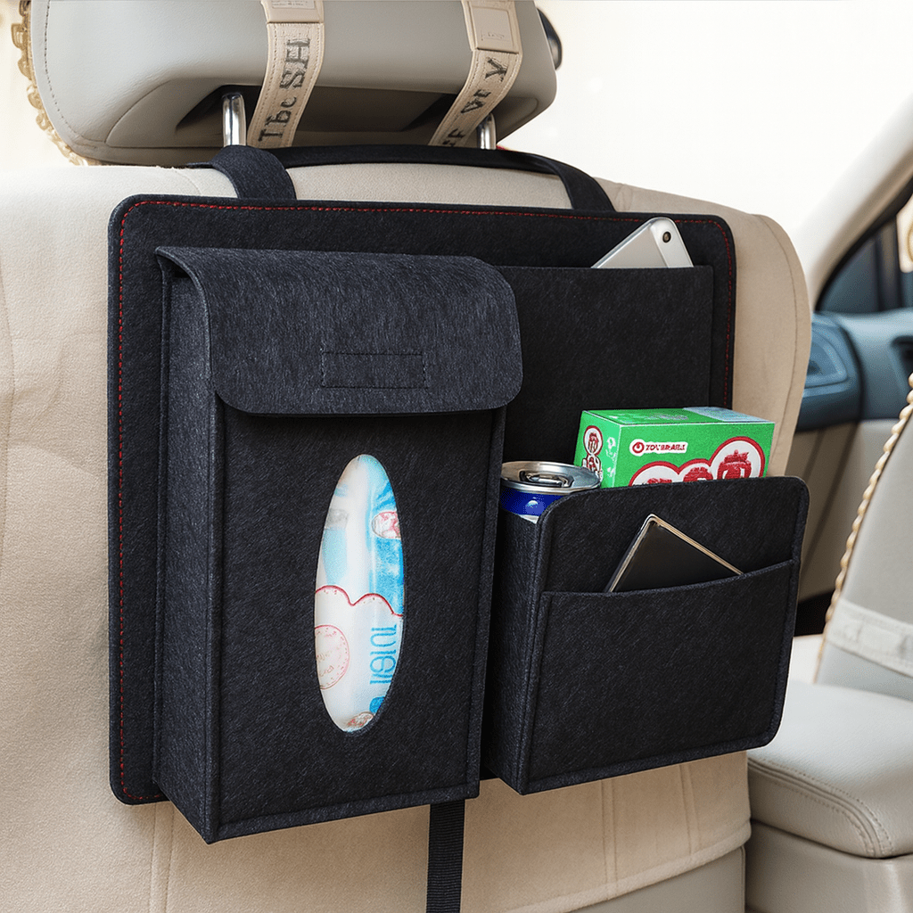 DriveEase auto-organizer met vier vakken, universele compatibiliteit met hoofdsteunen
