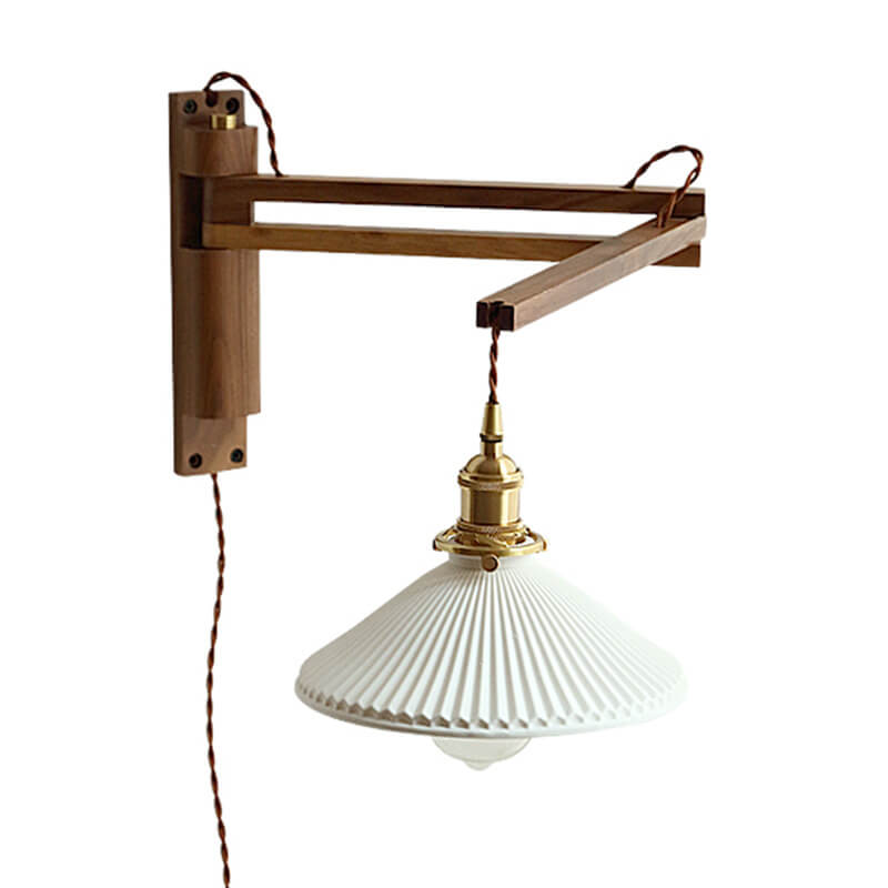 Aplique de pared con brazo articulado de madera y pantalla de vidrio acanalado - Lámpara de lectura ajustable junto a la cama para dormitorio moderno y japandi, pasillo y sala de estar R