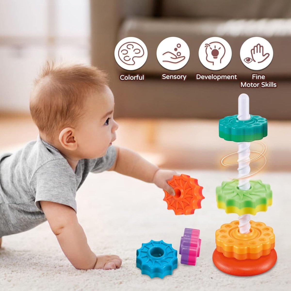 Montessori duhová skládací hračka Astra — texturované barevné kroužky, stabilní základna