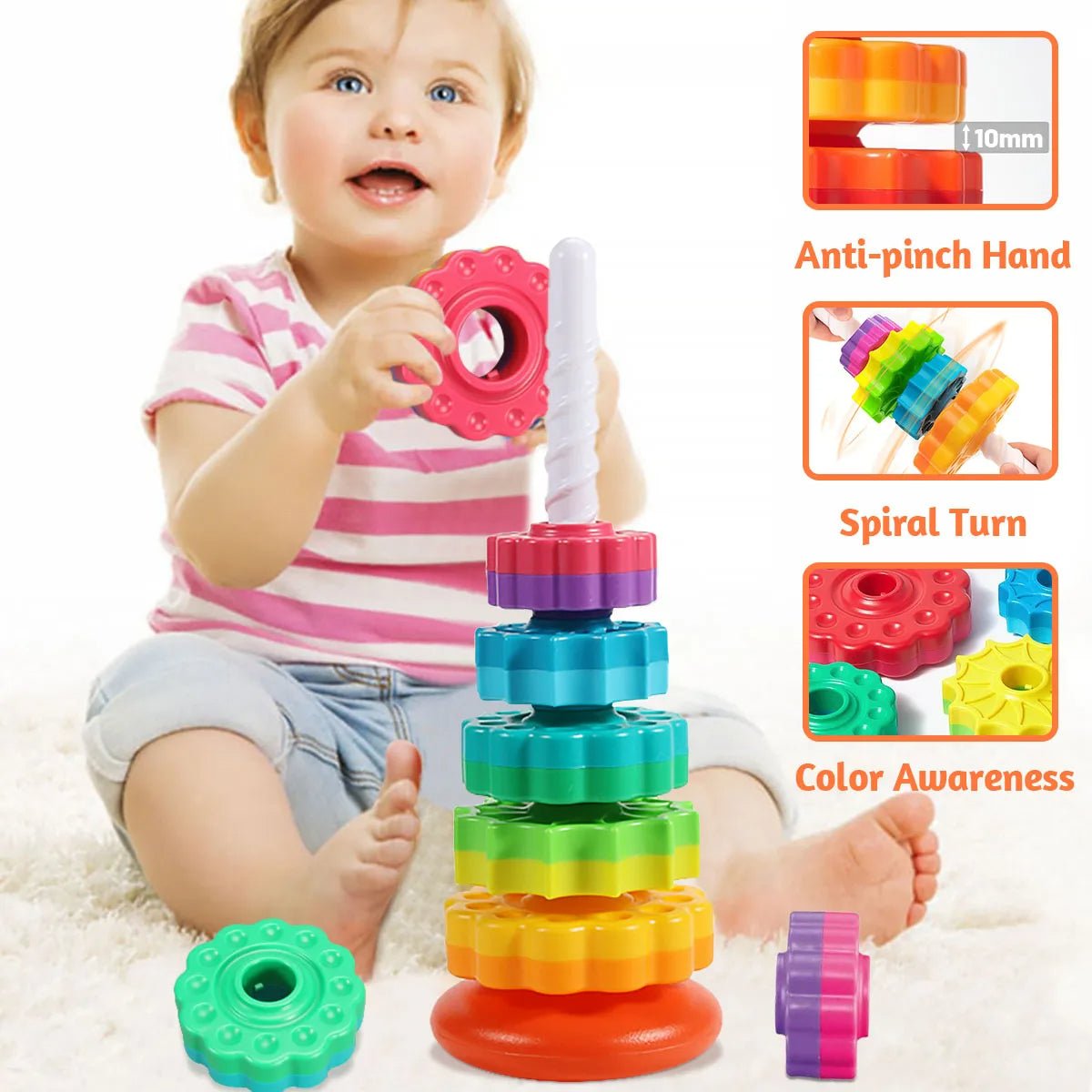 Montessori duhová skládací hračka Astra — texturované barevné kroužky, stabilní základna
