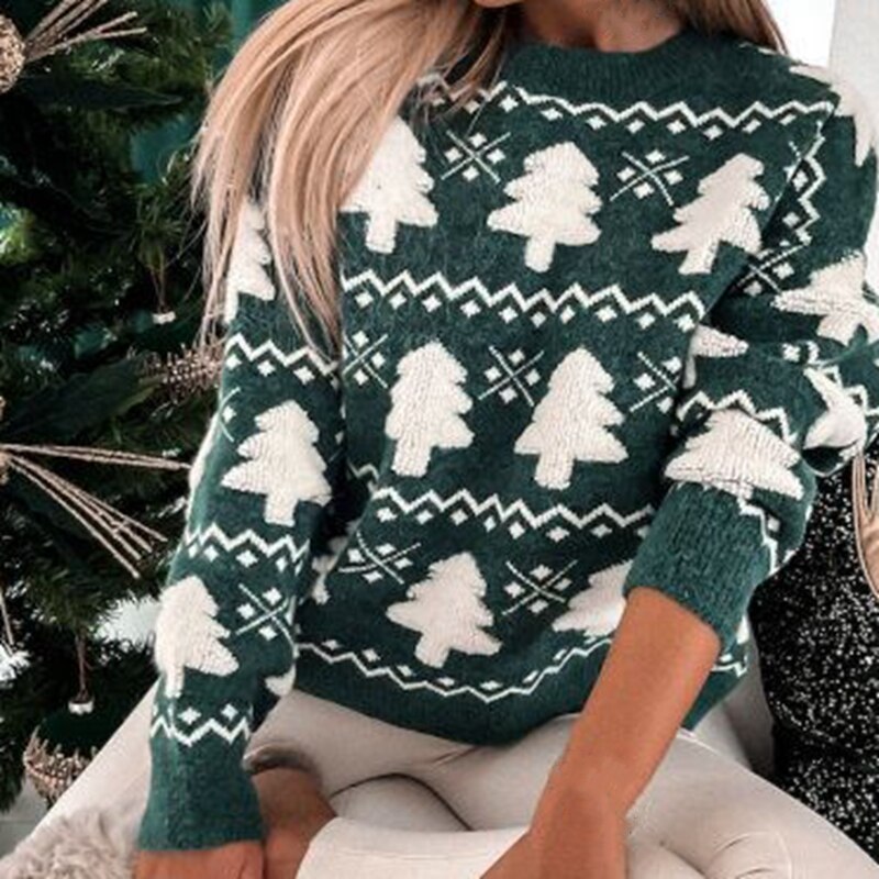 Women's Christmas Tree Knit Sweater — Cozy Long-Sleeve Pullover