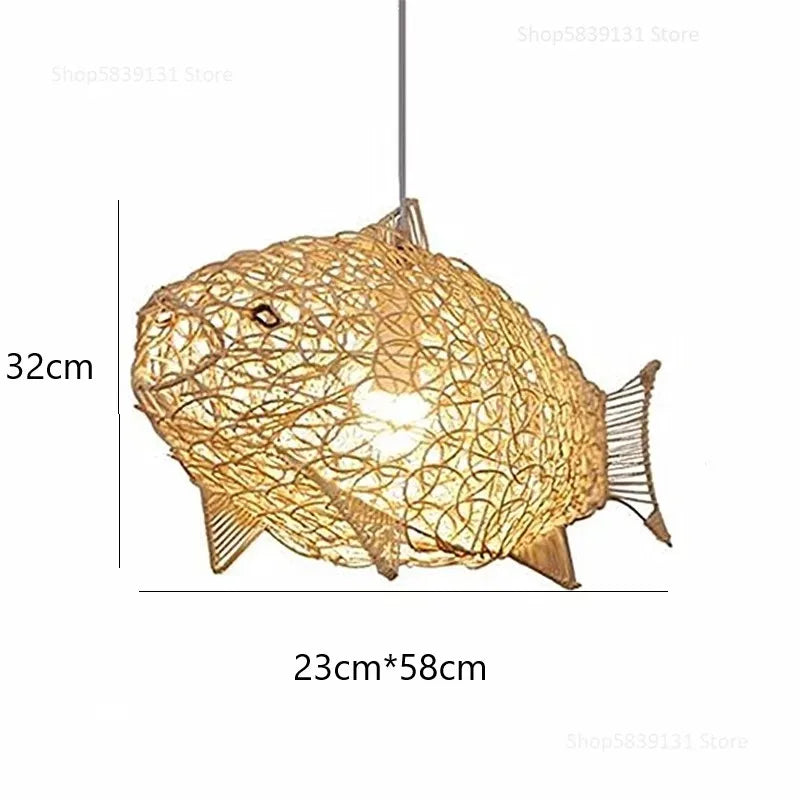 Aurora Nordic Bamboo Pendant Light – Handmade Fish Art LED Hanging Lamp